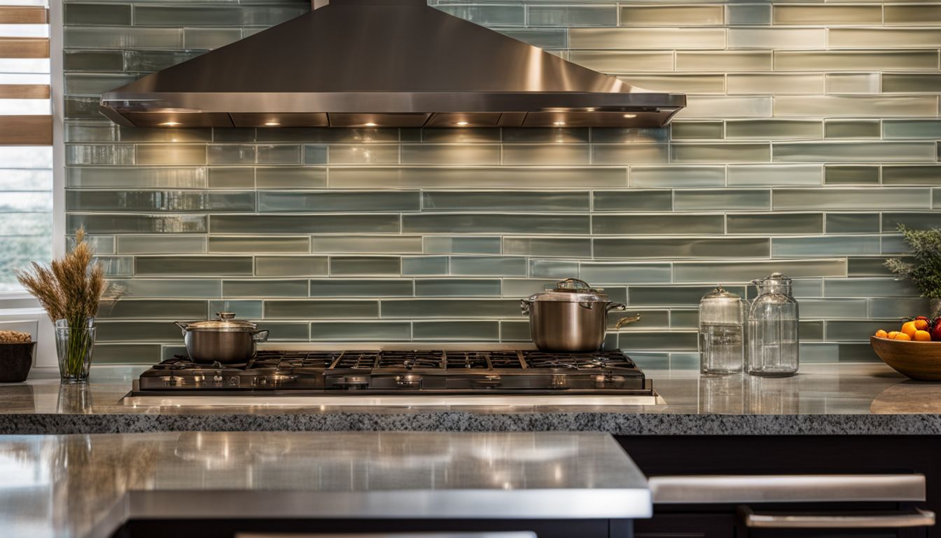 A close-up photo of a glass subway tile backsplash with white cabinets and granite countertops.