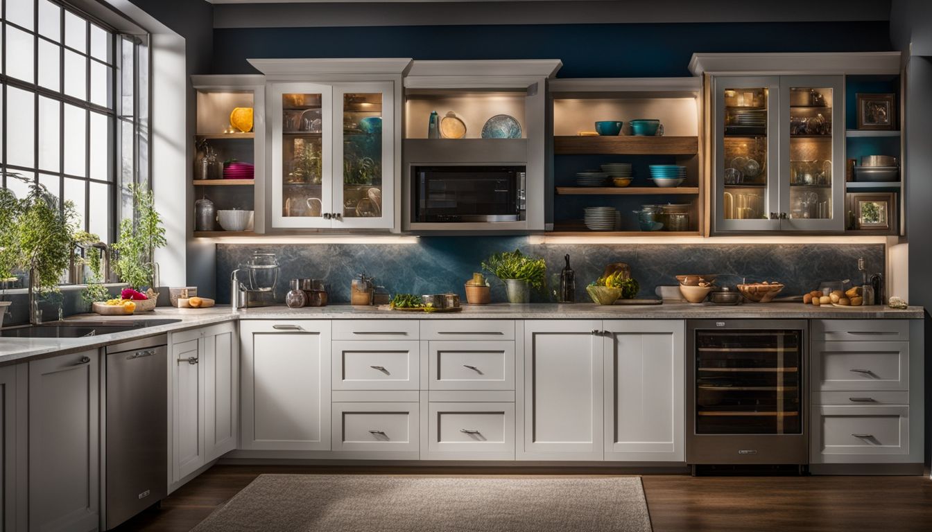 A photo of glass-front kitchen cabinets with an illuminated display of colorful dishes.