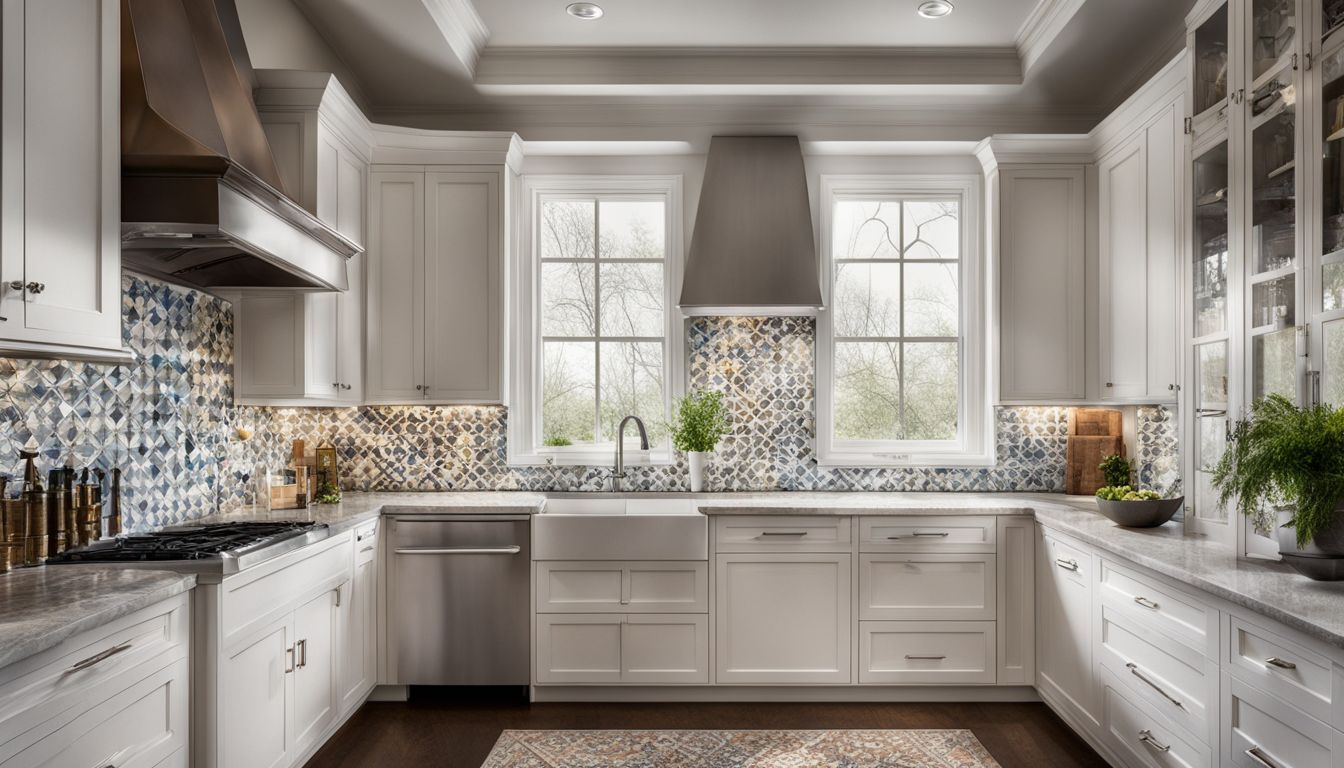 A modern kitchen with white cabinets and a unique Gothic Cross Tile backsplash.