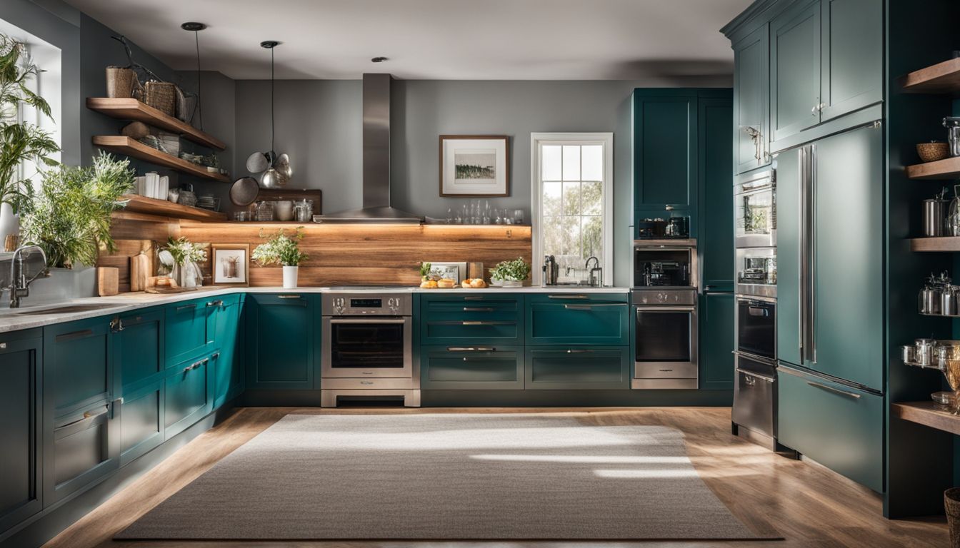 A beautifully organized kitchen with bold-colored cabinets and stylish accessories.