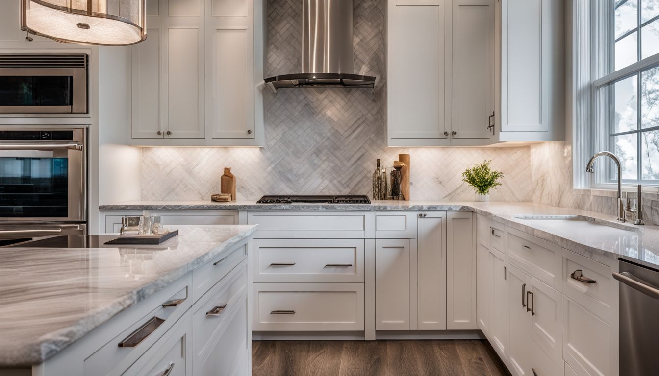 A stylish kitchen with a herringbone marble tile backsplash and white cabinets.