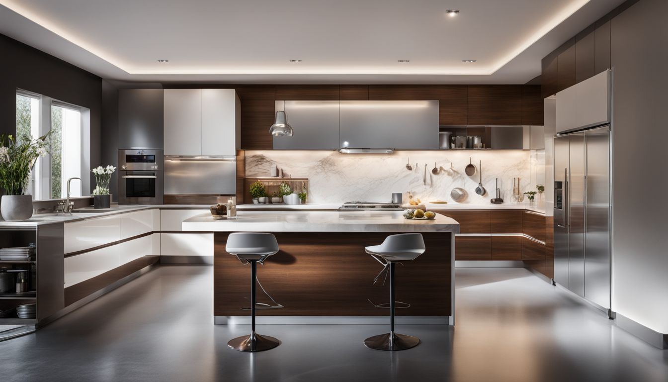 A modern kitchen featuring sleek cabinets, detailed faces, and different outfits.