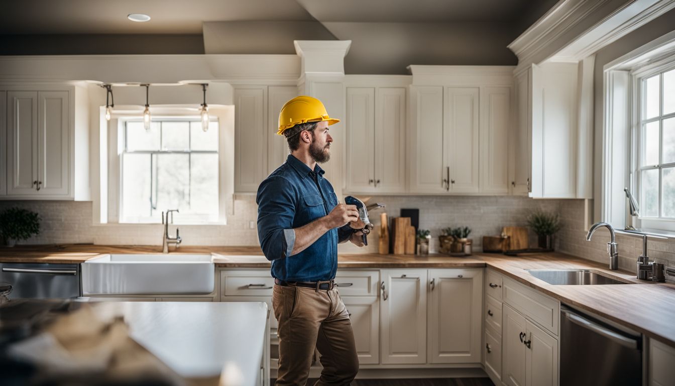 A professional contractor examines a kitchen cabinet with a measuring tape.