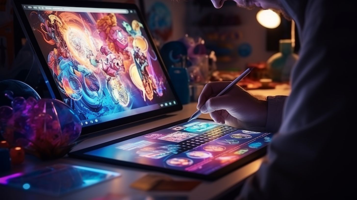 A freelance animator working on a tablet with colorful sketches.