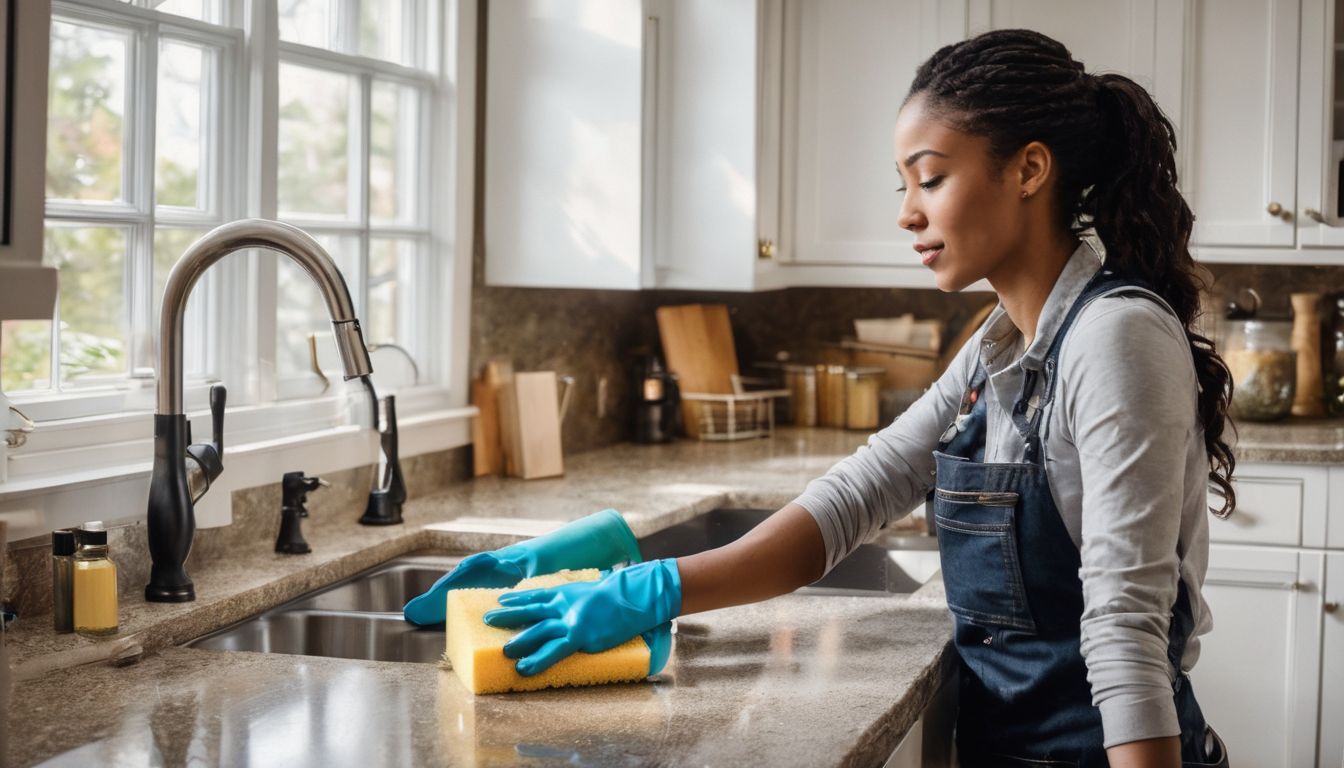 A person cleaning kitchen cabinets with a sponge and degreaser.