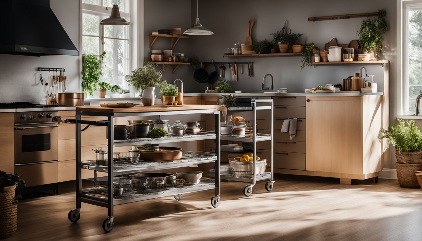 An organized ENHET kitchen with various utility carts and appliances.