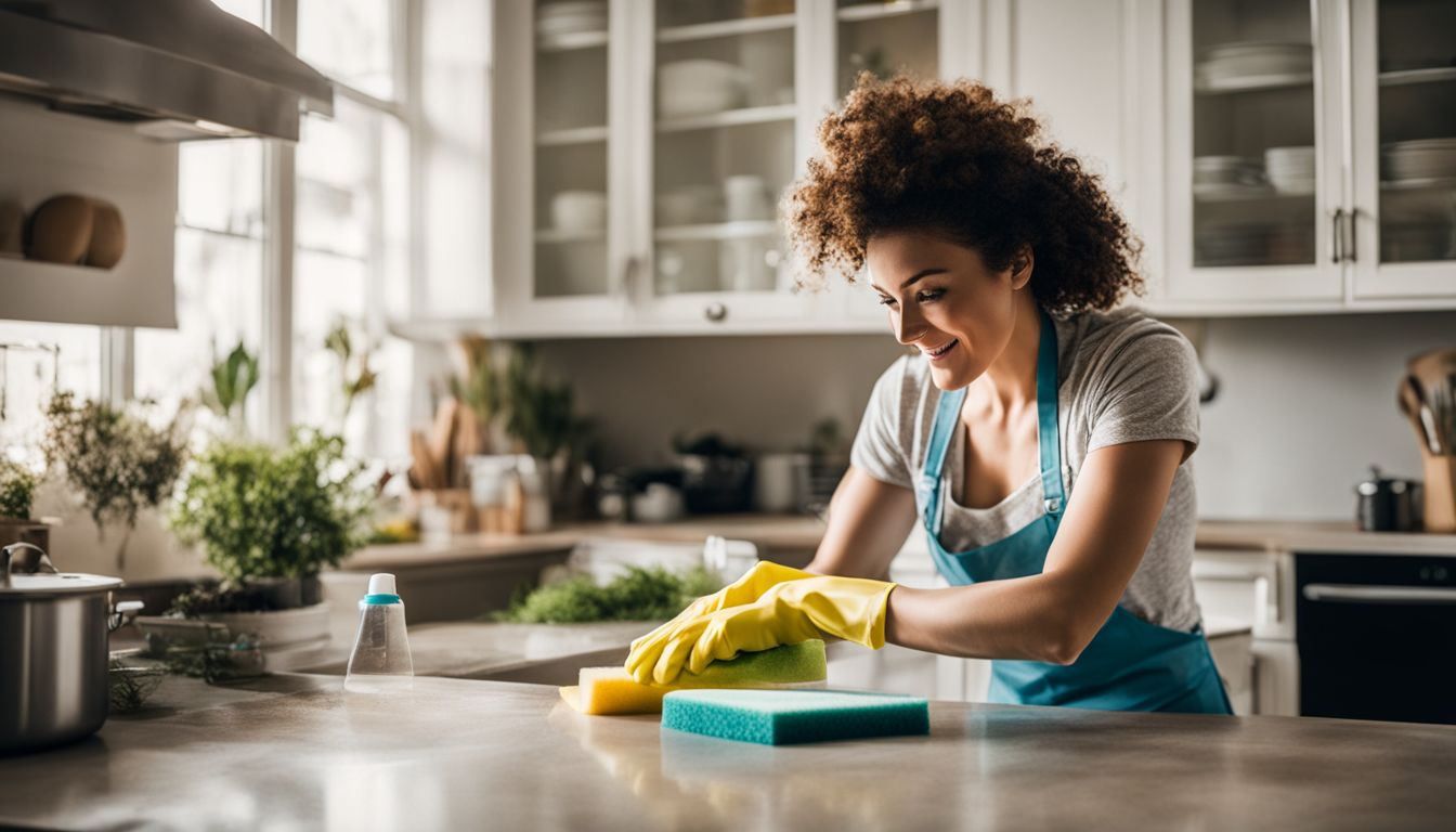 A woman cleaning kitchen cabinets with a soapy sponge.