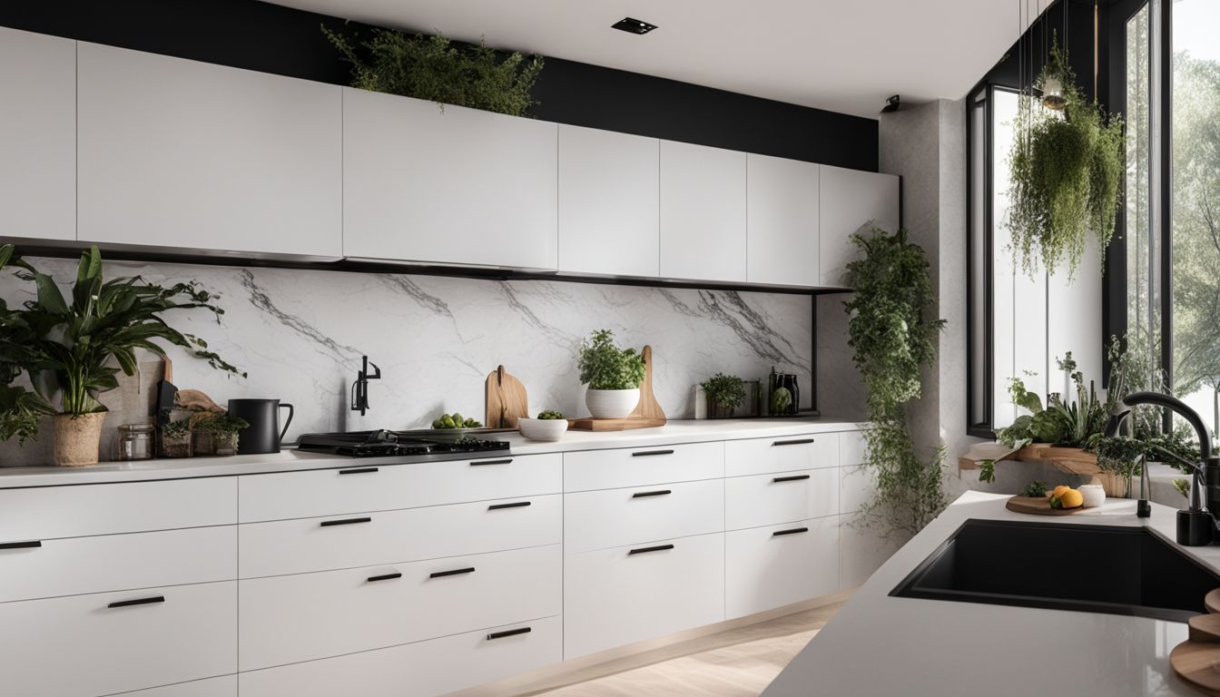 A white kitchen with black hardware and a stylish black and white backsplash.