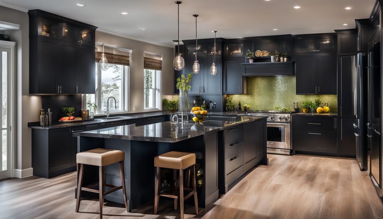 A modern kitchen with black granite countertops and light cabinets.