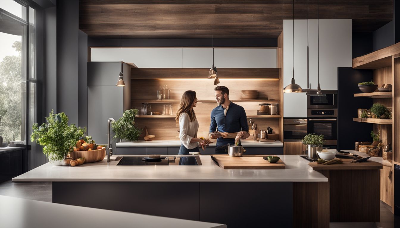 A couple cooking together in a modern, sleek kitchen.
