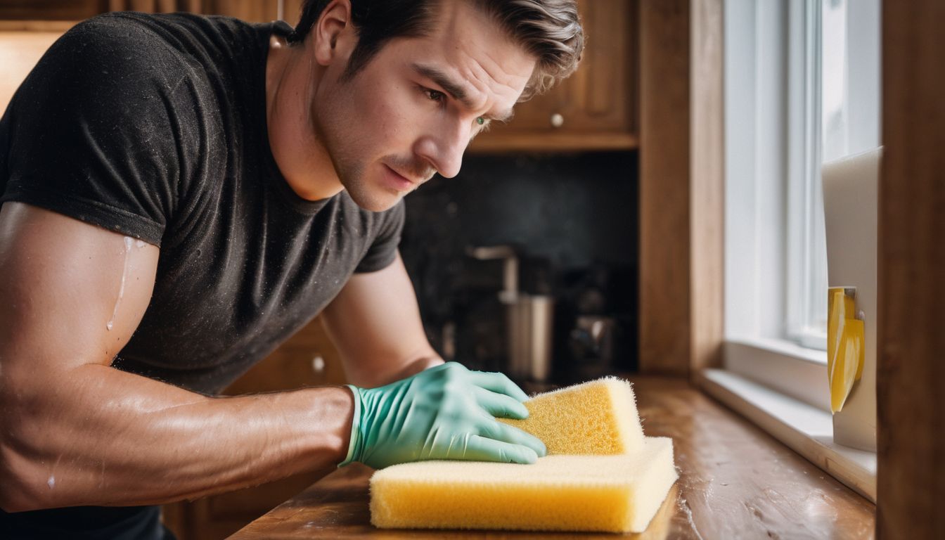 A person cleaning a wooden cabinet with gloves and soapy sponge.