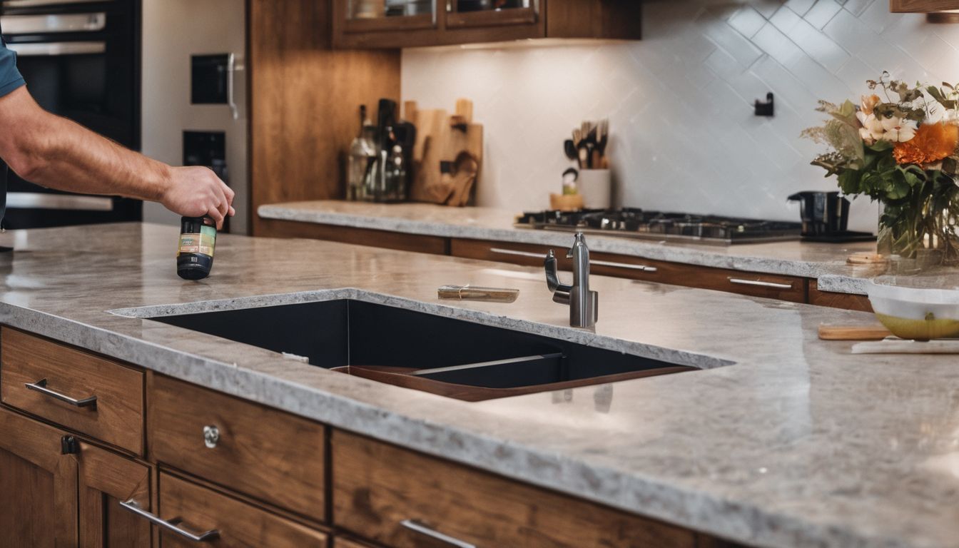 A person installing laminate countertops on stock cabinets in a bustling atmosphere.