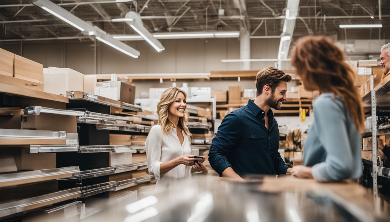 A couple shopping for affordable kitchen cabinets at a home improvement store.