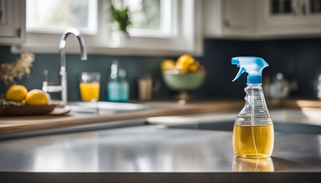 A spray bottle of vinegar cleaning solution on a clean countertop.