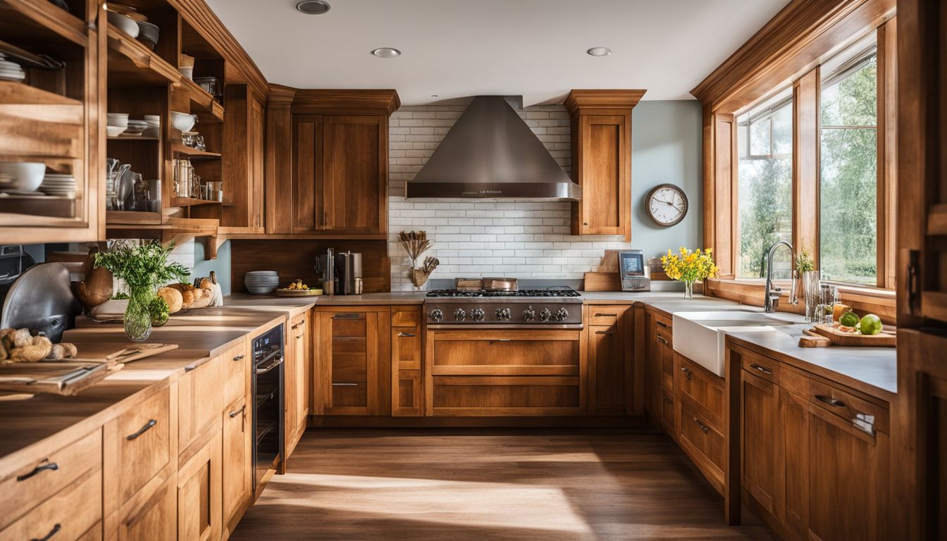 A photo of a polished wooden cabinet in a bright kitchen.
