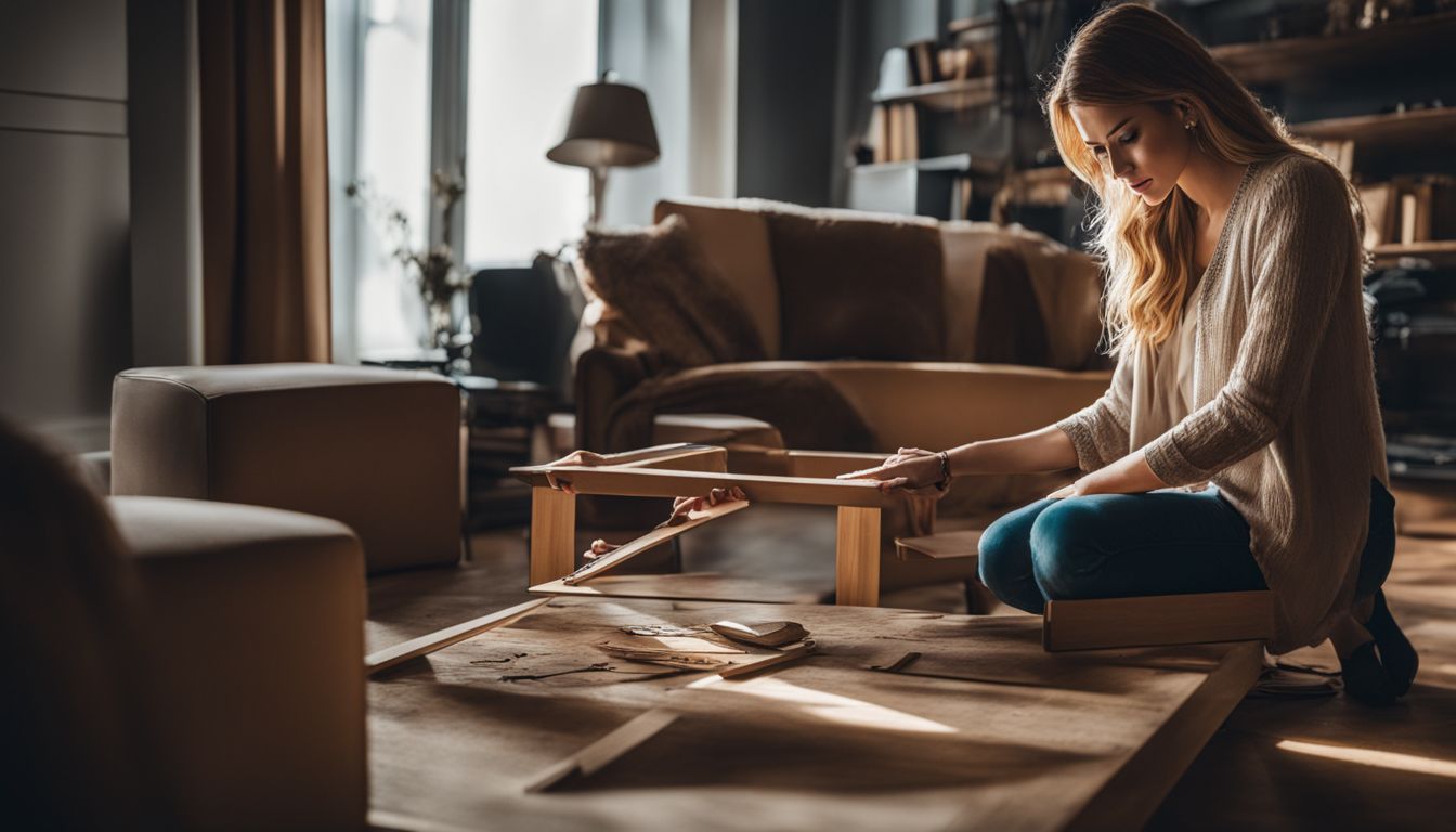 A woman struggles to assemble a complicated piece of furniture.