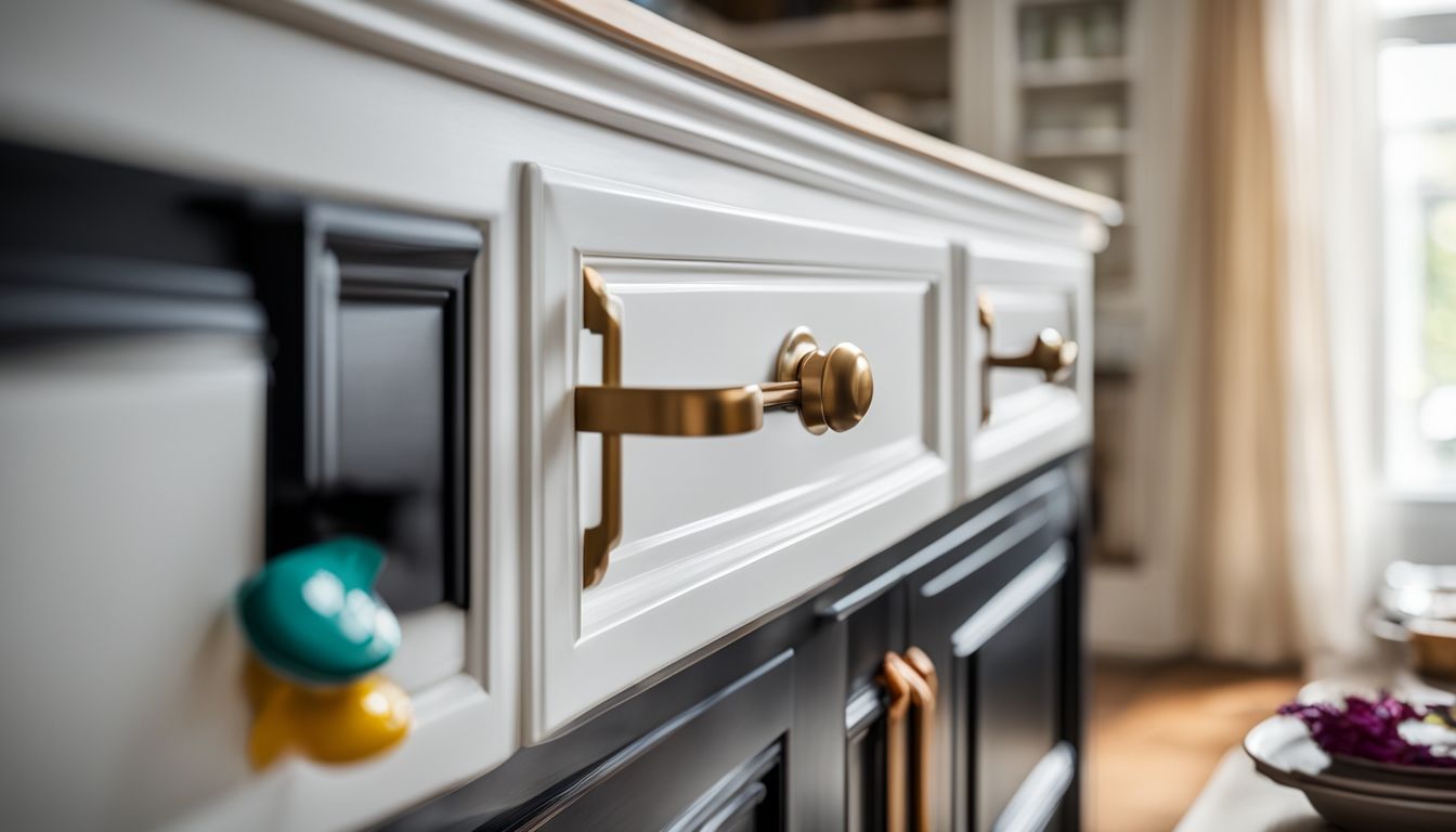 A close-up of a black cabinet handle with colorful kitchen utensils.