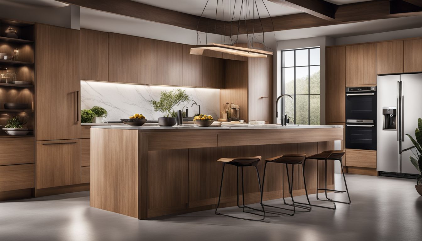 A modern kitchen with sleek oak cabinets and stylish interior details.