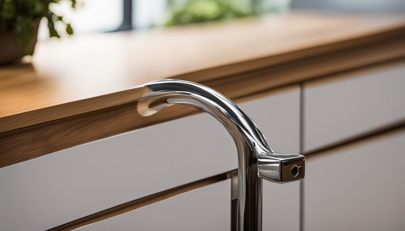 A close-up photo of a modern chrome handlebar on an oak cabinet.