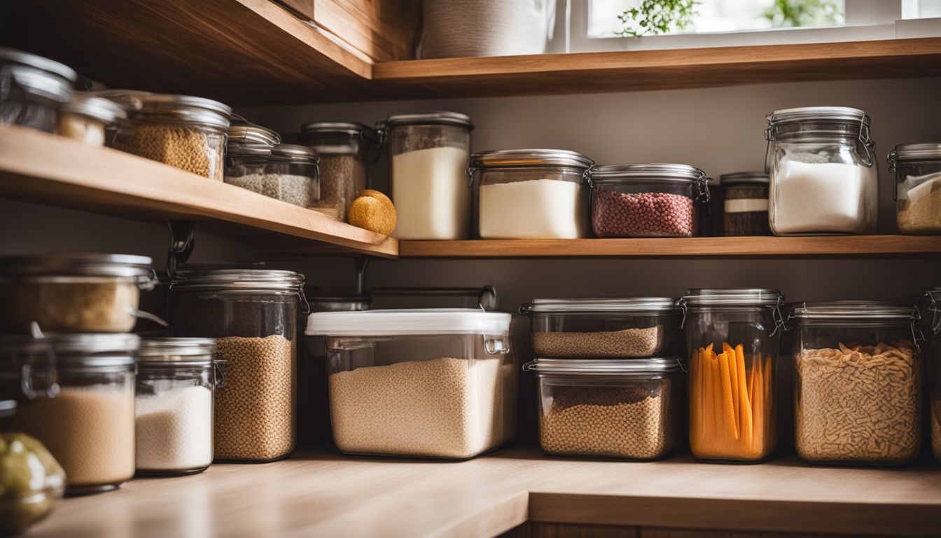 A well-organized kitchen pantry with neatly labeled containers and ingredients.
