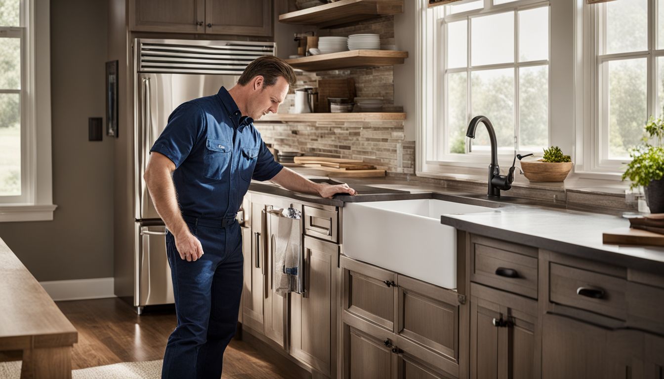 A plumber installing a kitchen sink and cabinet combo for Lowe's.