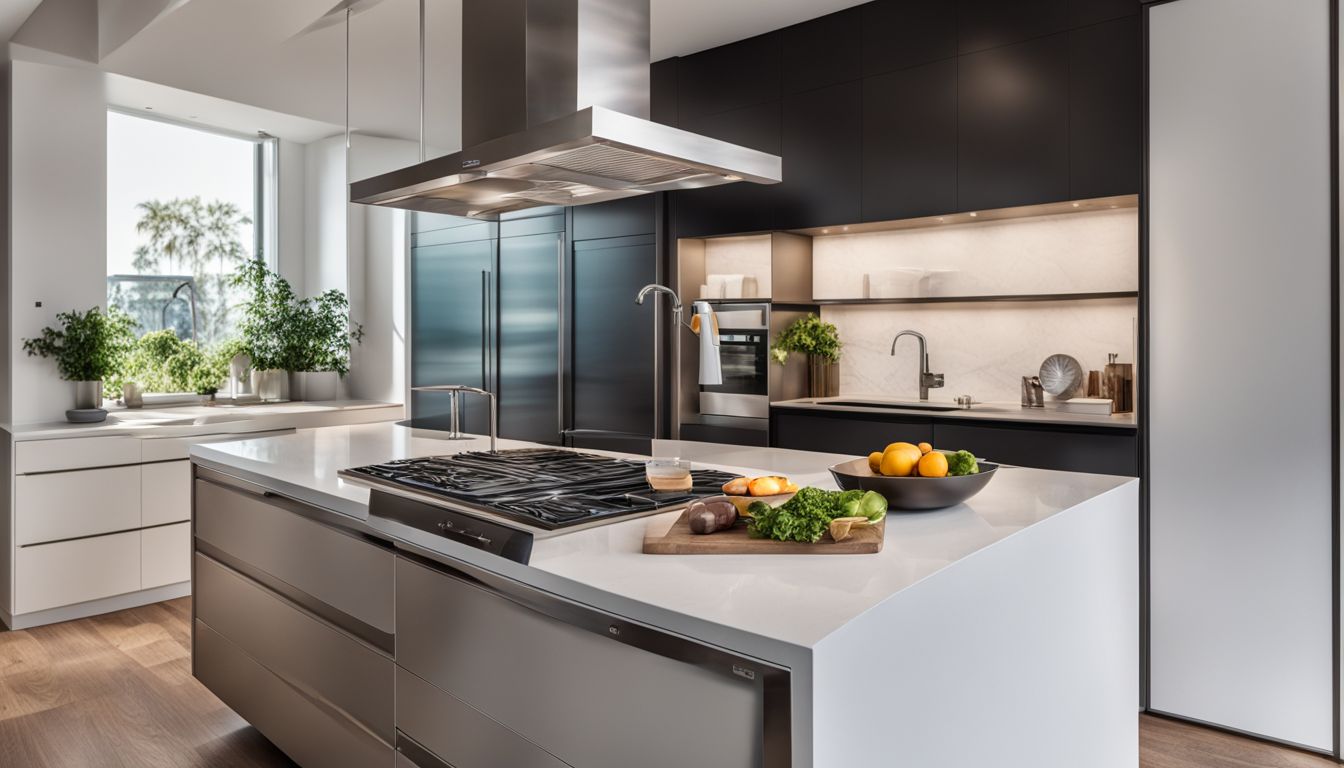 A modern kitchen with an integrated steel sink and sleek design.