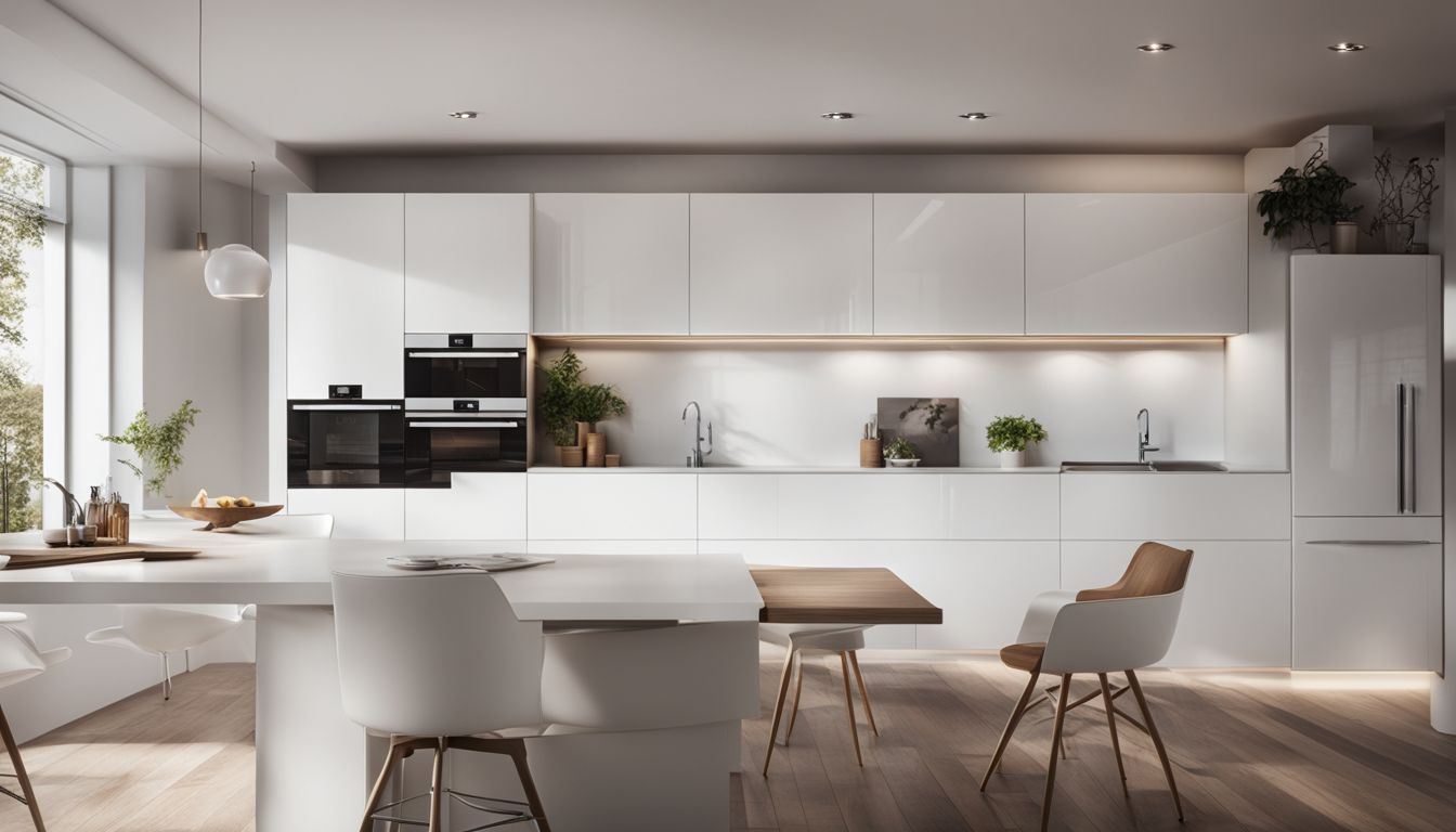 A modern kitchen with sleek white cabinets and floating shelves.