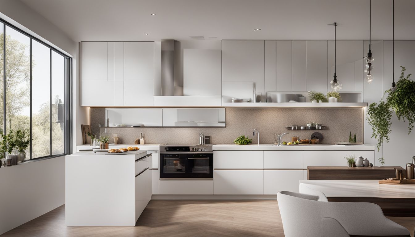A modern kitchen with sleek white custom cabinets showcasing pricing options.