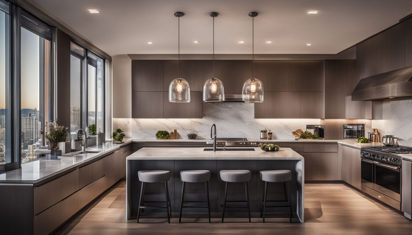 A modern kitchen with high-end appliances and a bustling atmosphere.