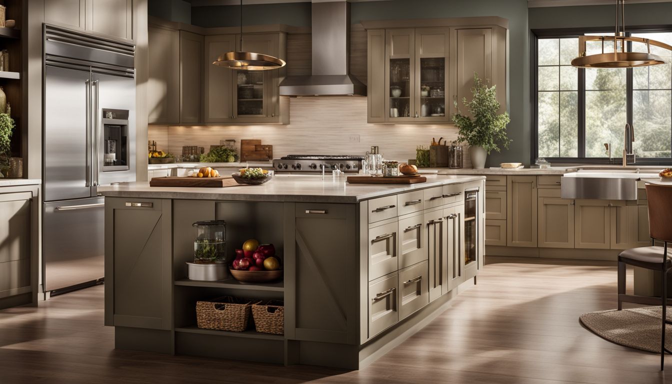 A photo of a modern kitchen with KraftMaid cabinets in various colors.