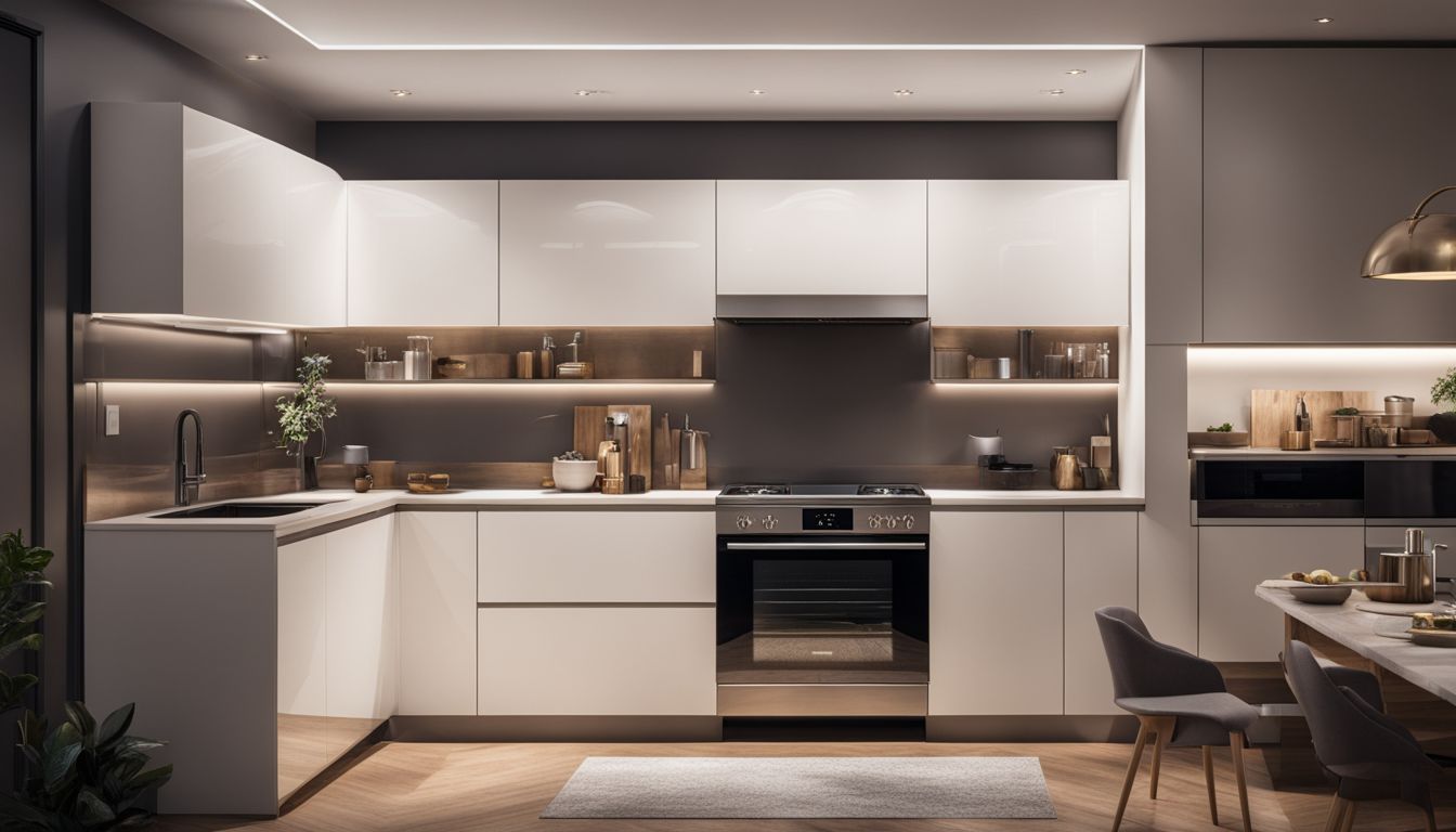 A modern L-shaped kitchen with ample countertop space and stylish cabinetry.