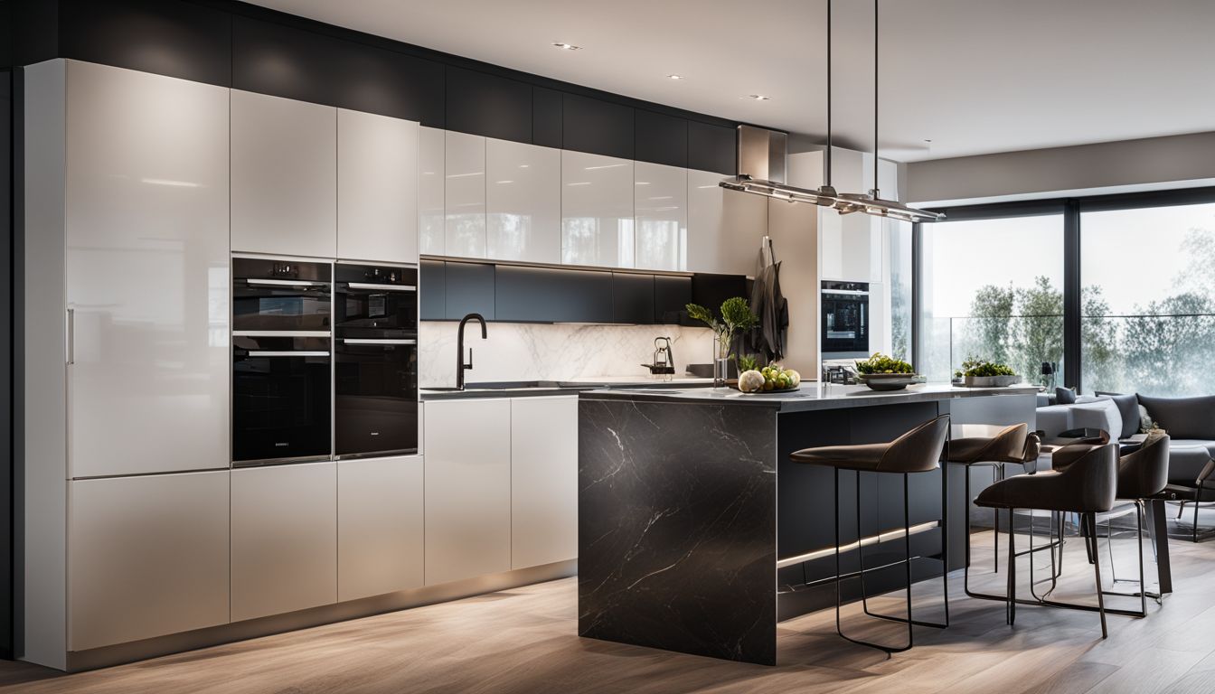 A modern kitchen with sleek cabinets and high-gloss finishes.