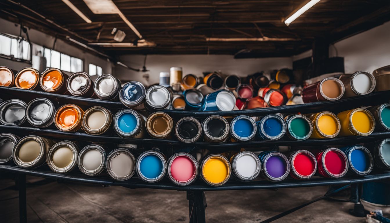 A photo of neatly arranged latex paint cans in a studio.