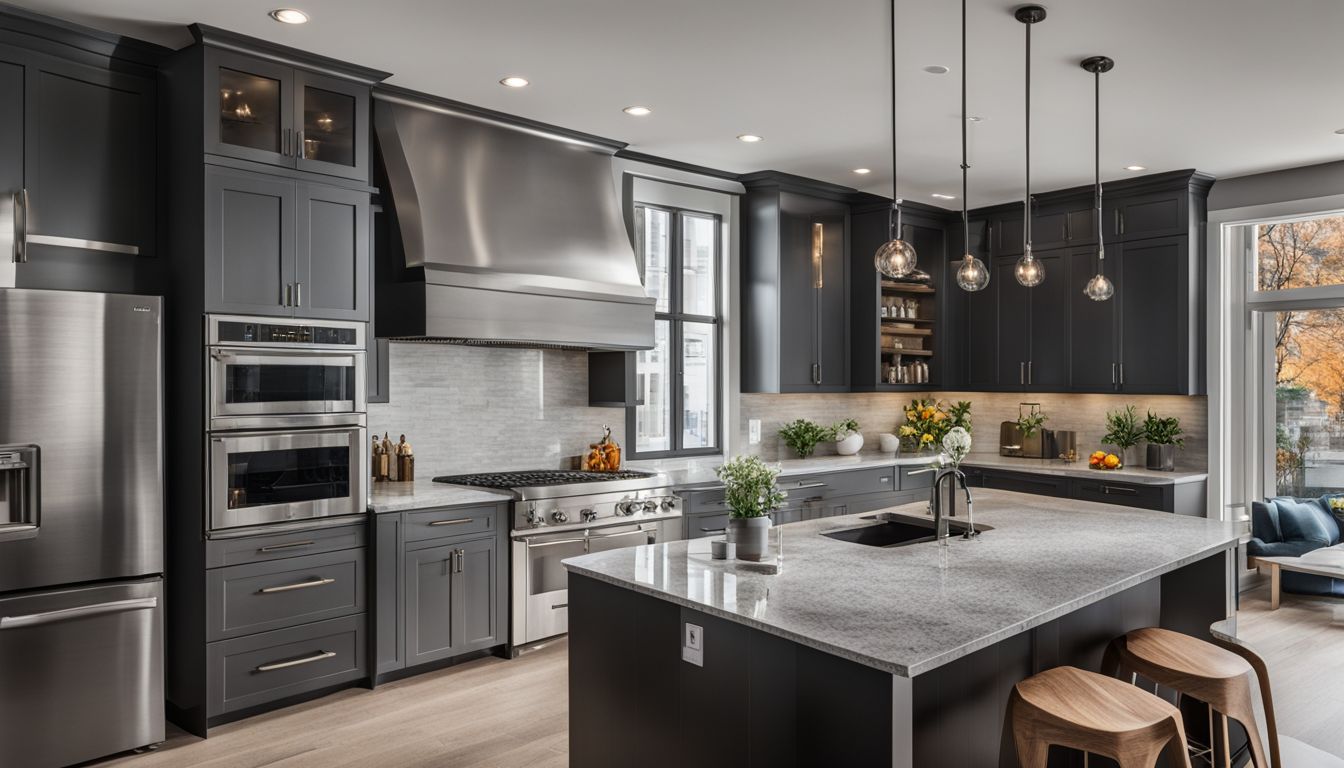A modern kitchen with light gray cabinets and black granite countertops.