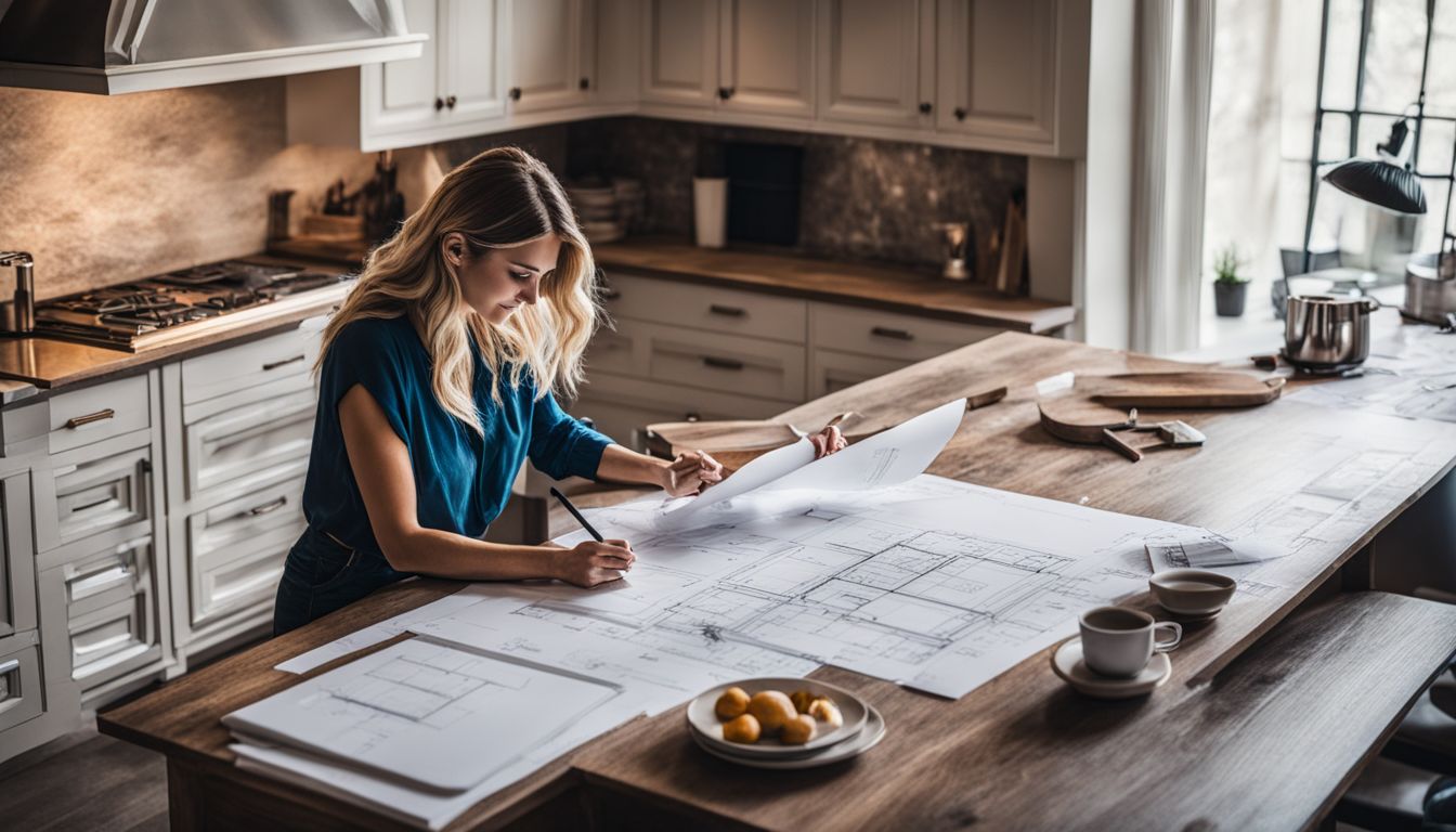 An interior designer sketches a new kitchen layout on a blueprint.