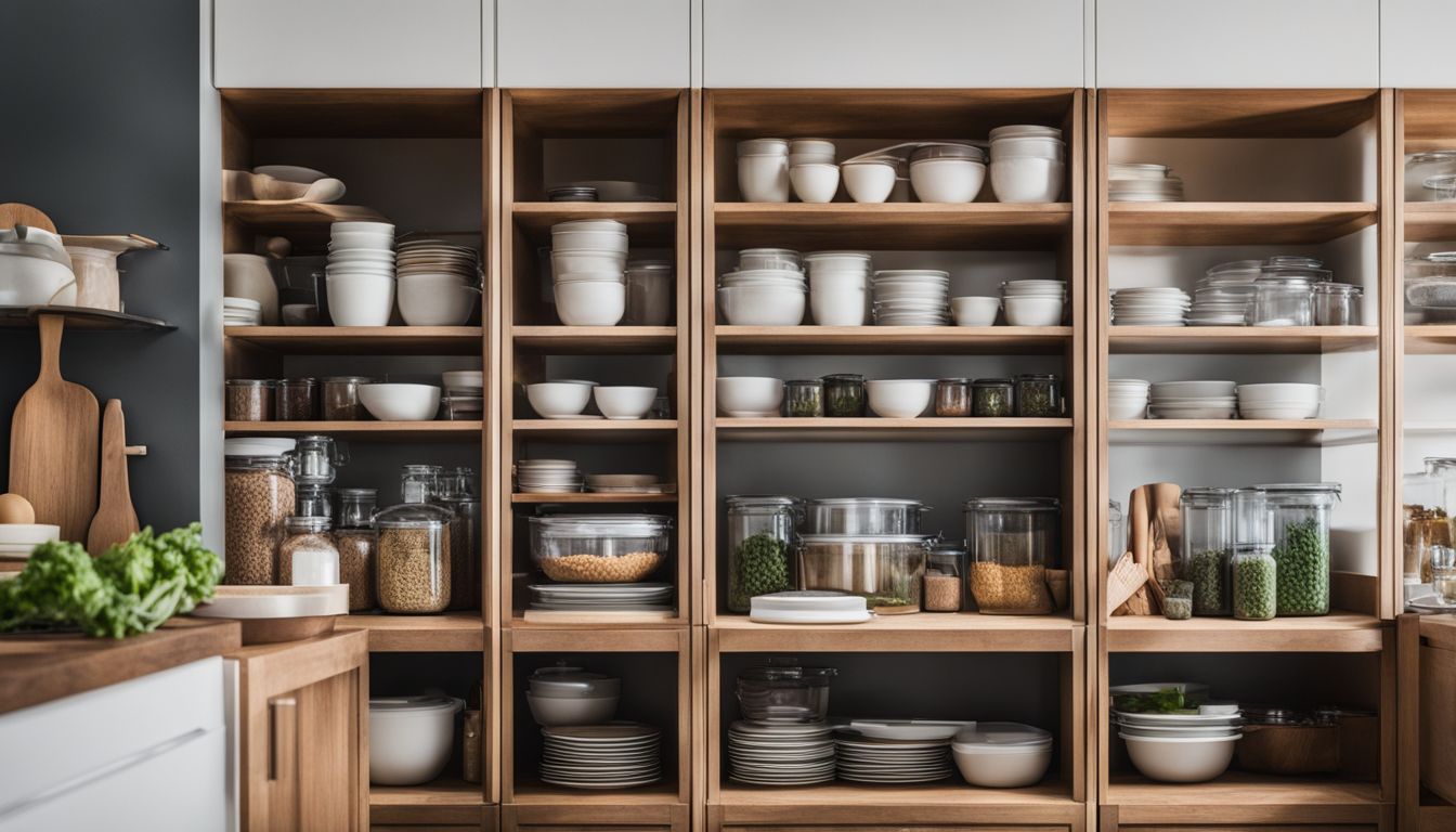 A well-organized kitchen with labeled containers and neatly arranged dishes.