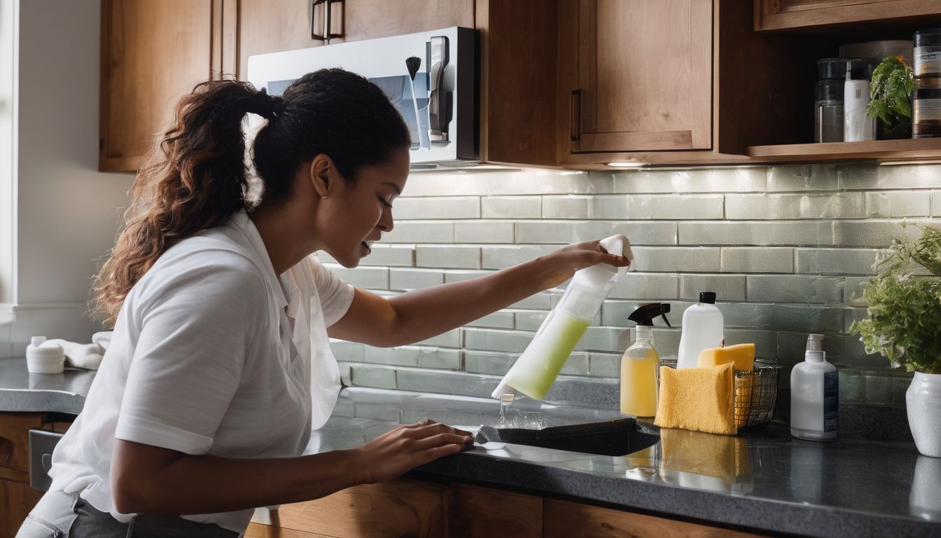 A person cleaning a backsplash surrounded by various cleaning supplies.