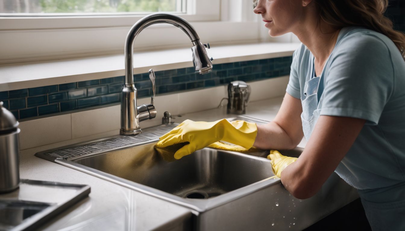 A person cleaning a sparkling kitchen sink in a well-maintained kitchen.