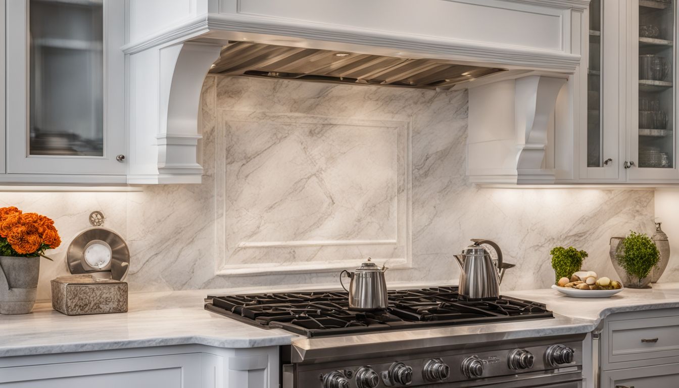 A photo of a pristine marble kitchen backsplash with white cabinets.