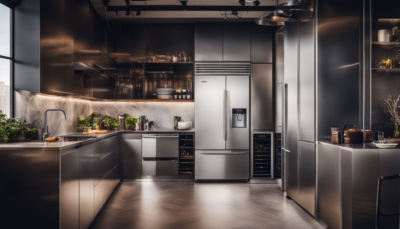 A modern kitchen with sleek metal cabinets and modern appliances.