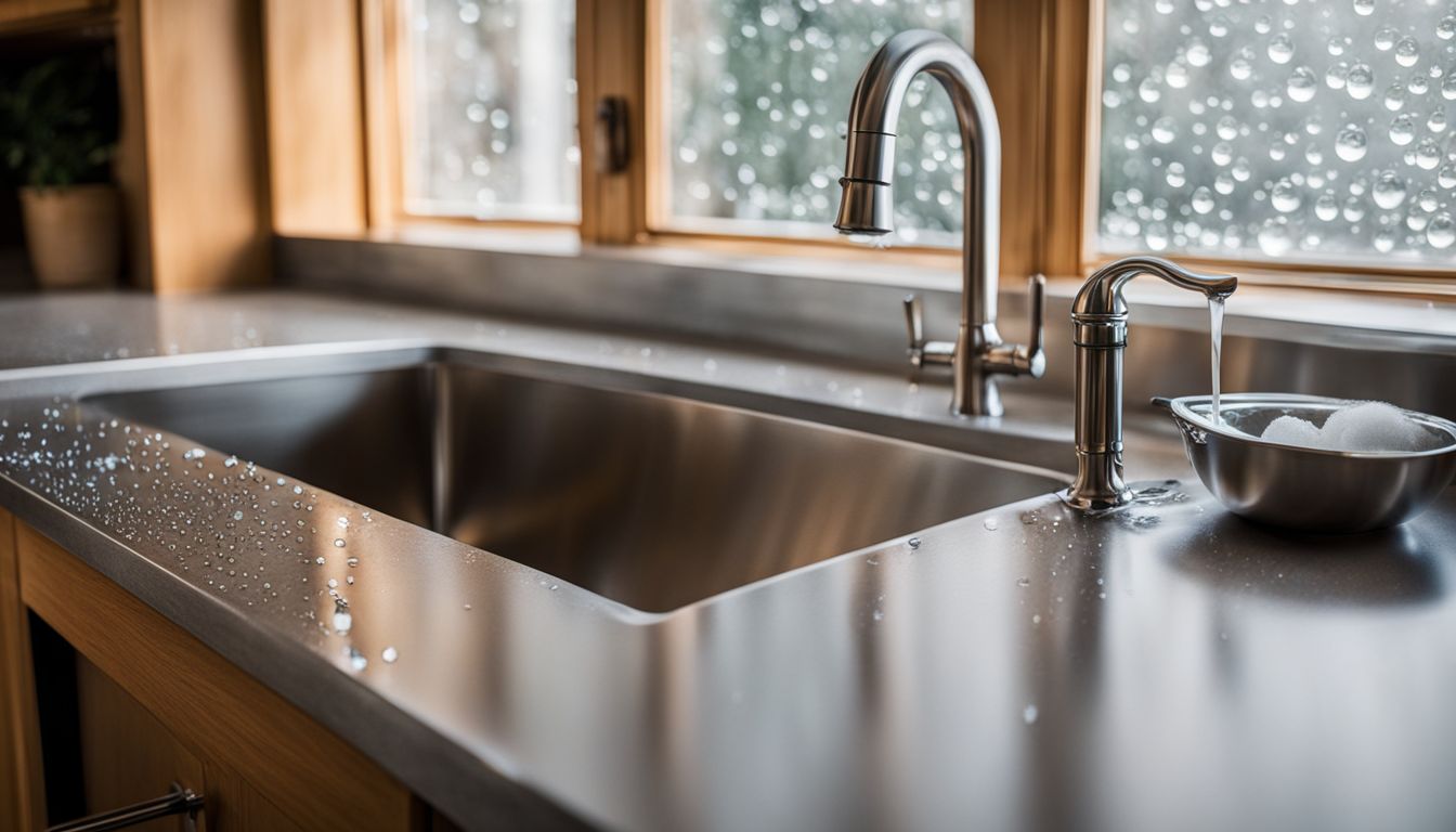 Close-up photo of a stainless steel sink and oak cabinet with water droplets.