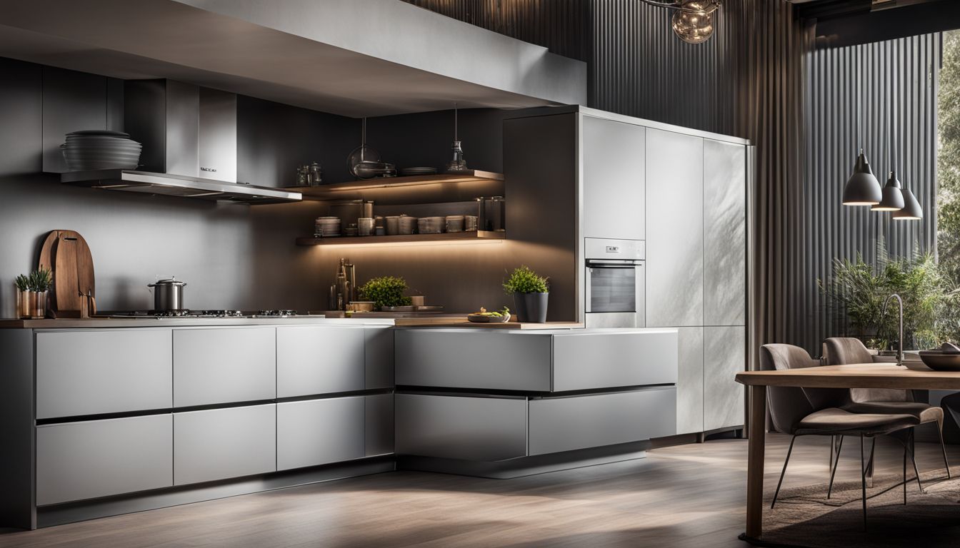 A modern stainless steel kitchen cabinet with sink in a sleek environment.
