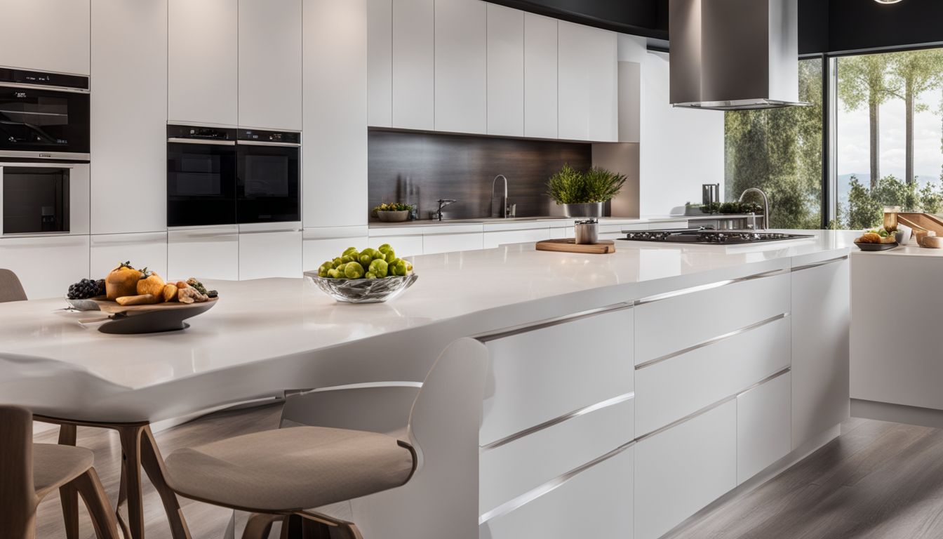 A modern kitchen with white cabinets featuring people in various styles.