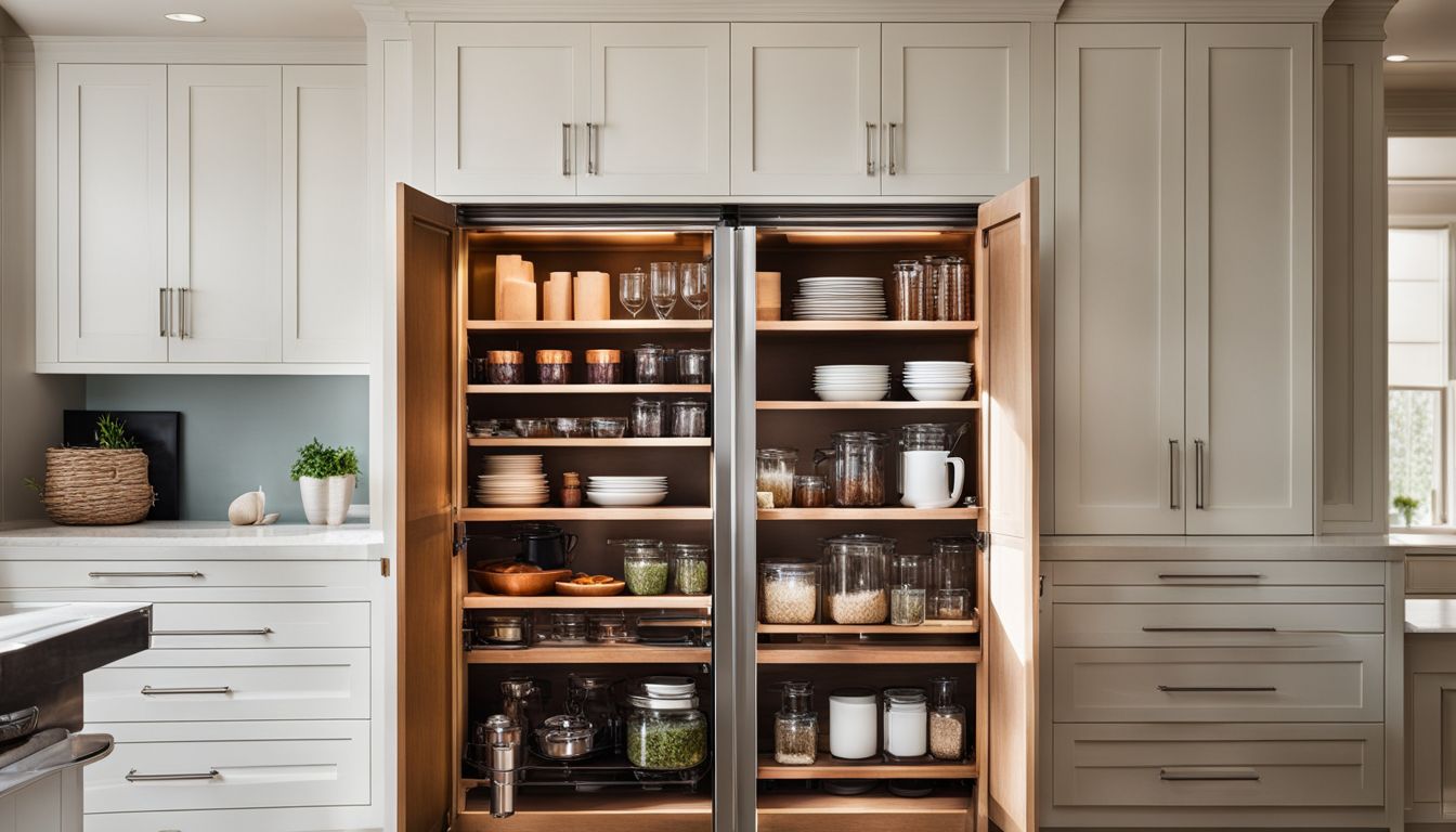 A well-organized kitchen cabinet with slide-out shelves and glass display.