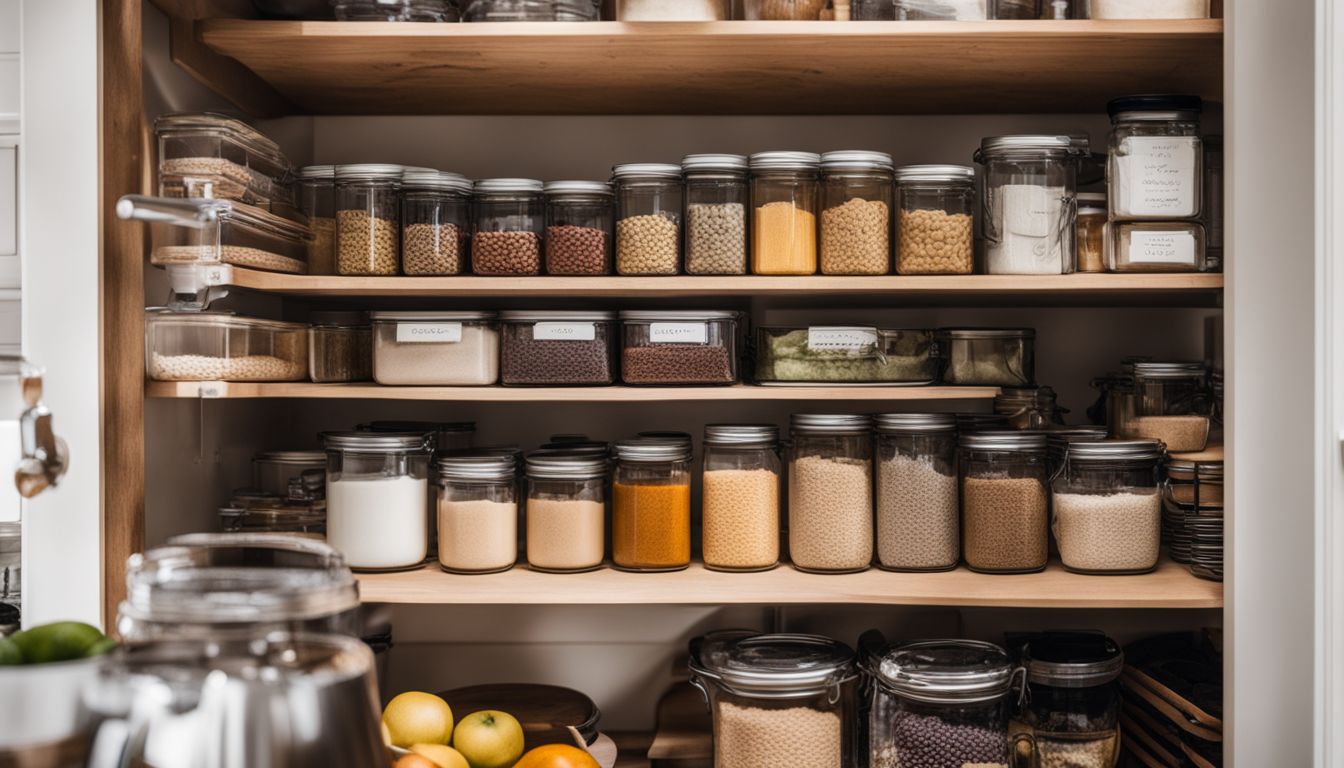 A well-organized pantry with labeled containers and neatly arranged items.