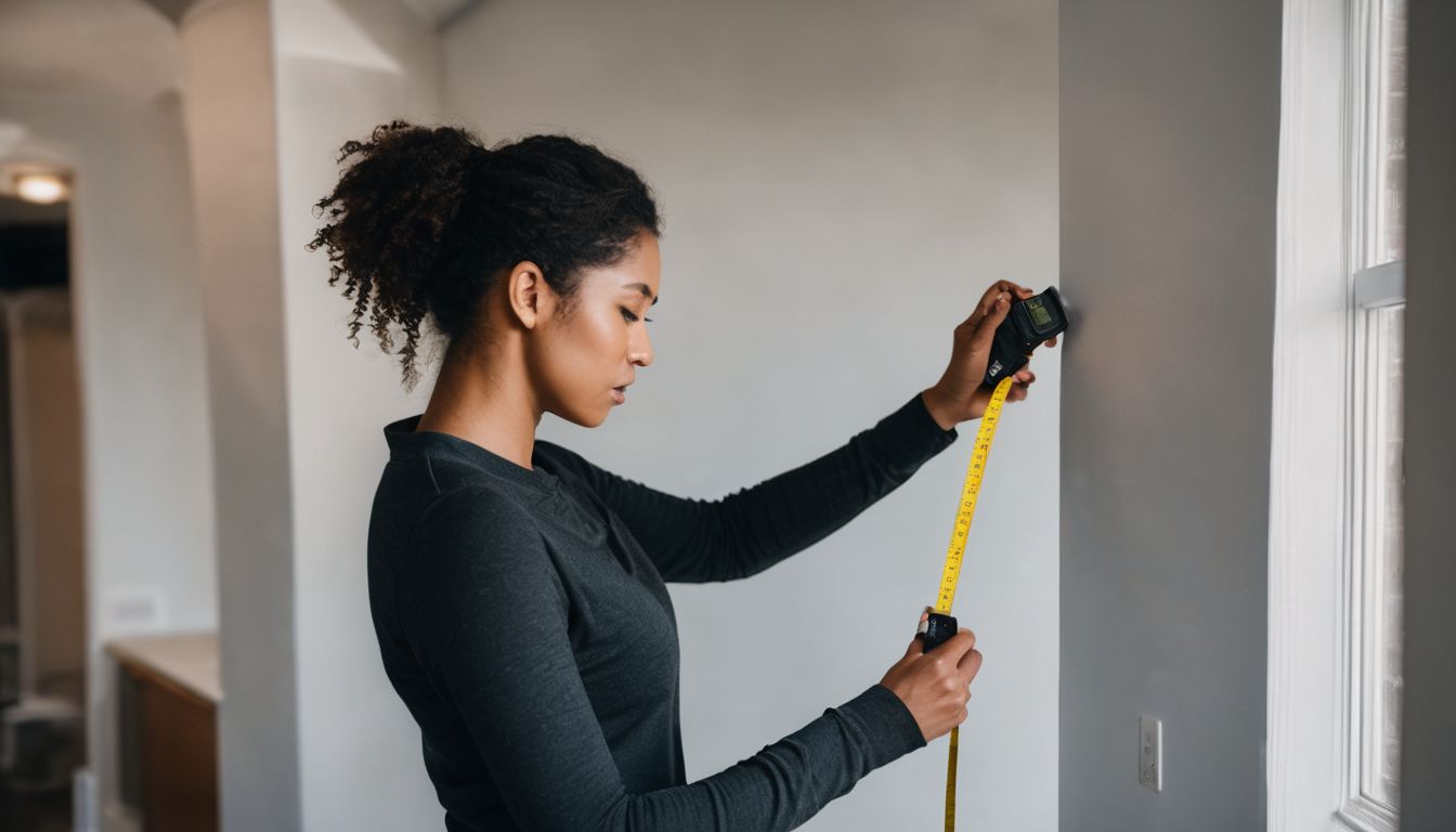 A person measures a wall with a tape measure in interior design photography.