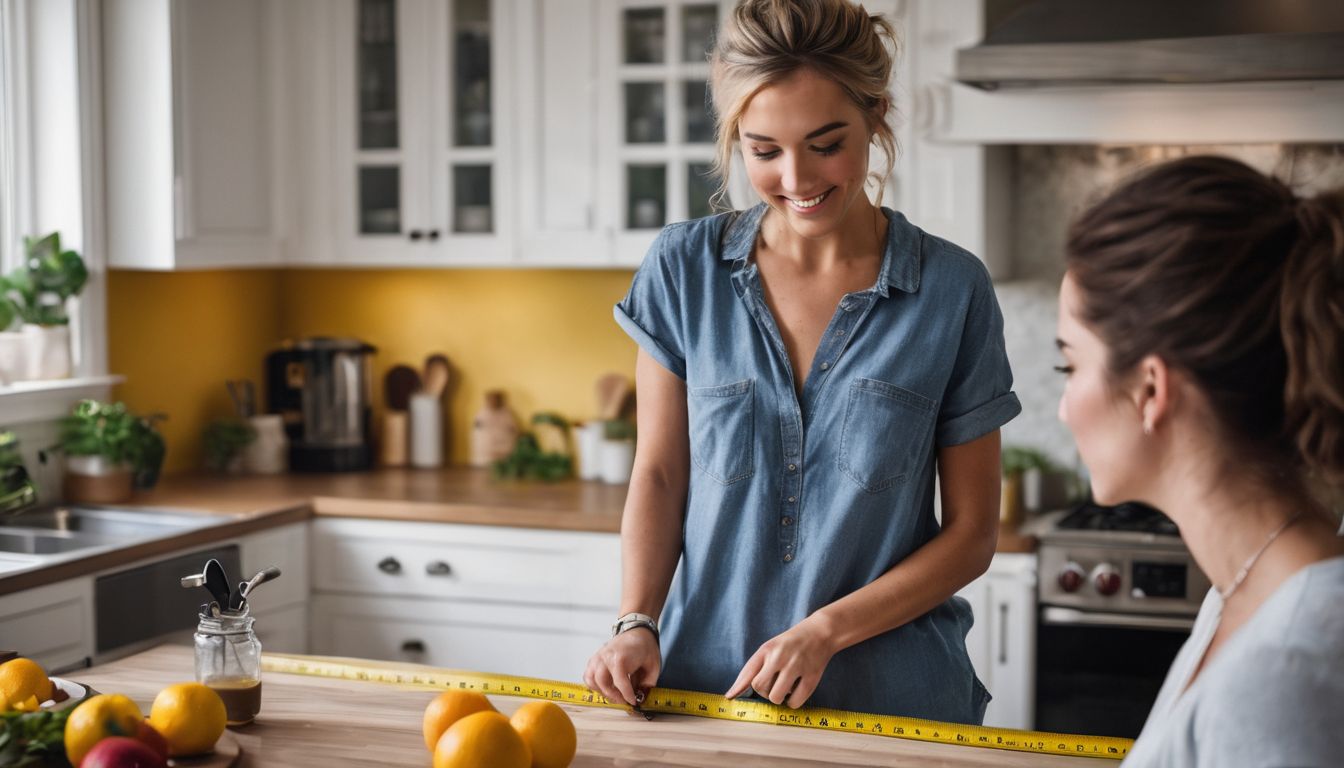 A person measures a kitchen wall for home improvement.
