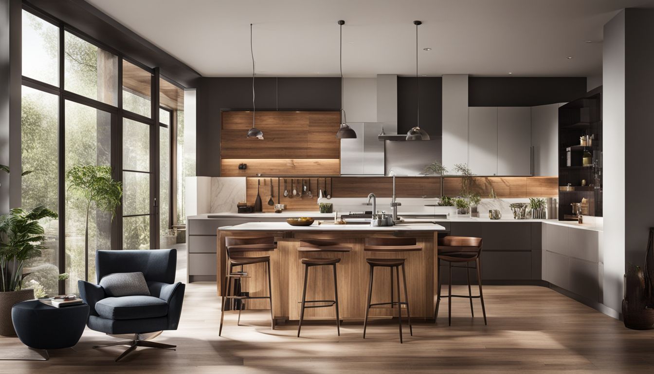 A modern kitchen featuring a mix of wood tones for visual interest.