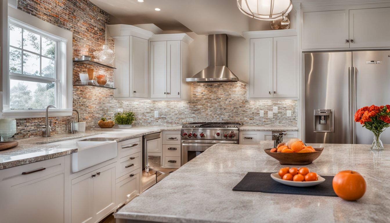 A modern kitchen with white cabinets, granite countertops, and coral accents.