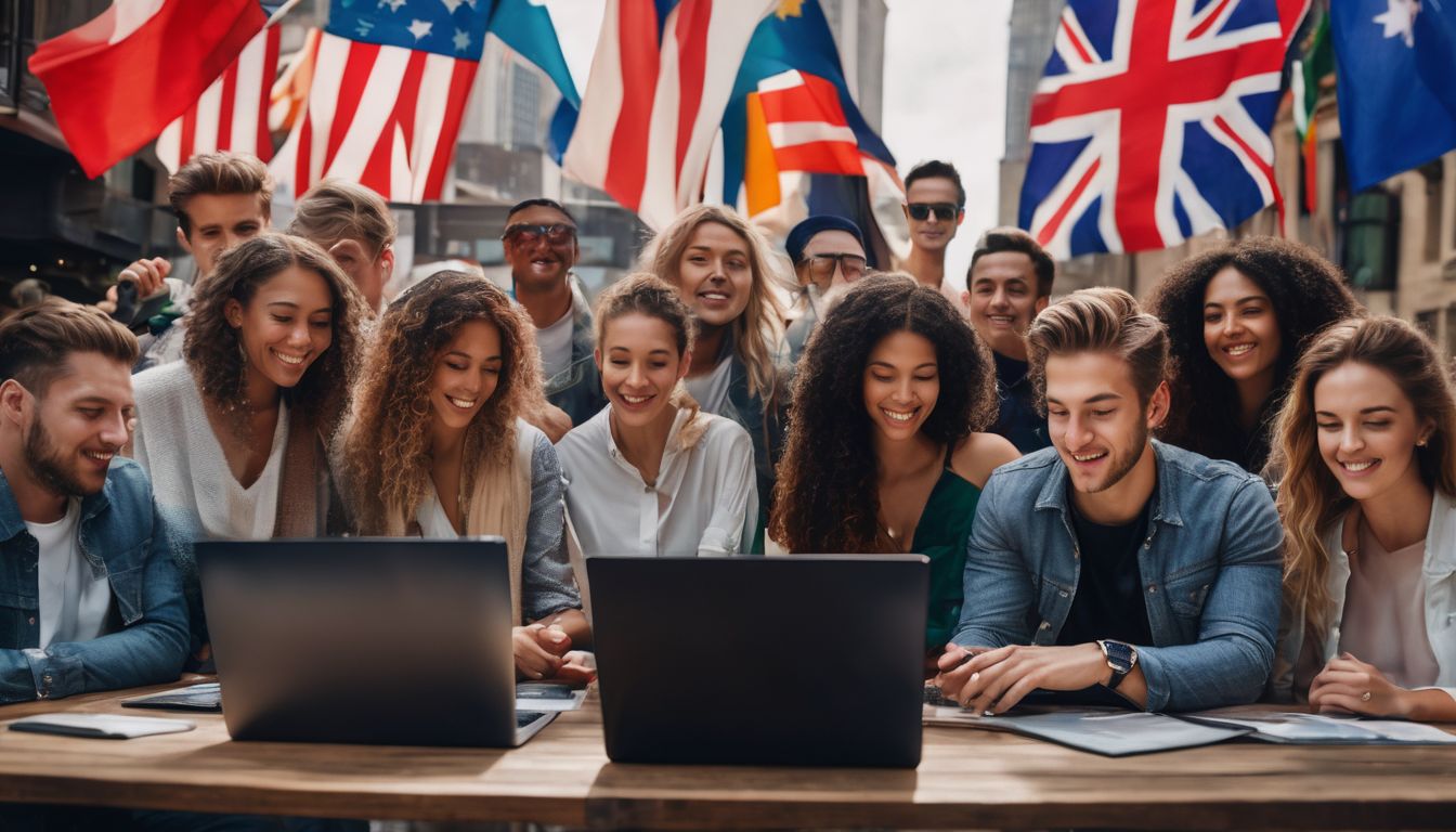A diverse group of people using a computer surrounded by flags.